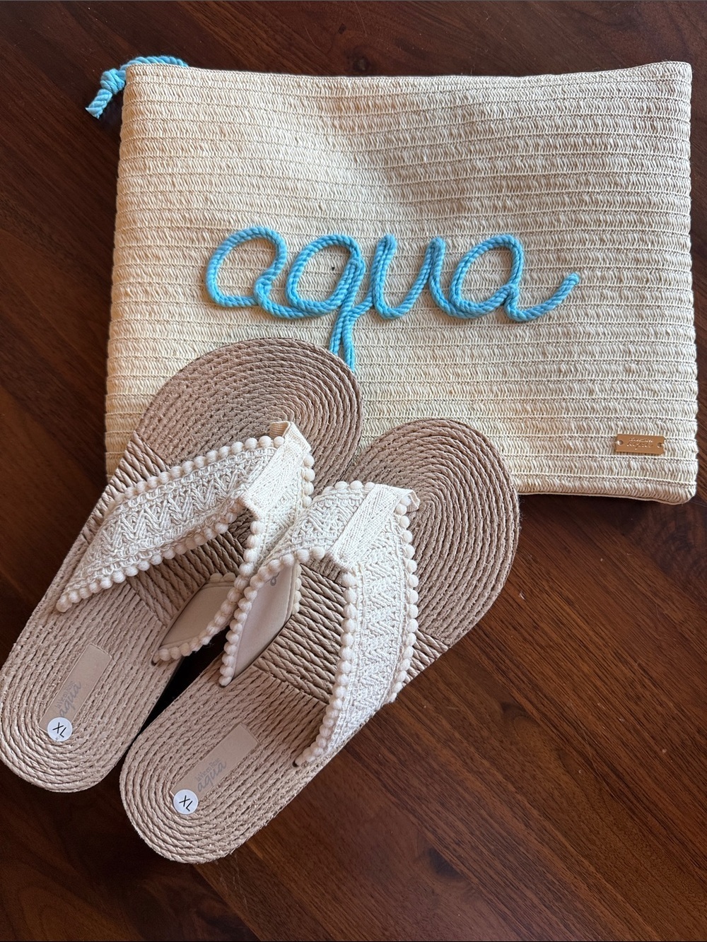 Aqua Natural Straw Clutch with Light Blue Logo